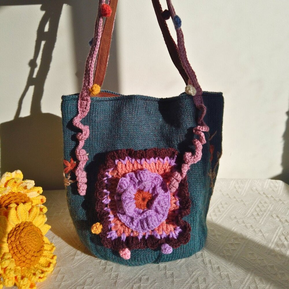 Hand-Knitted Embroidered Bucket Bag
